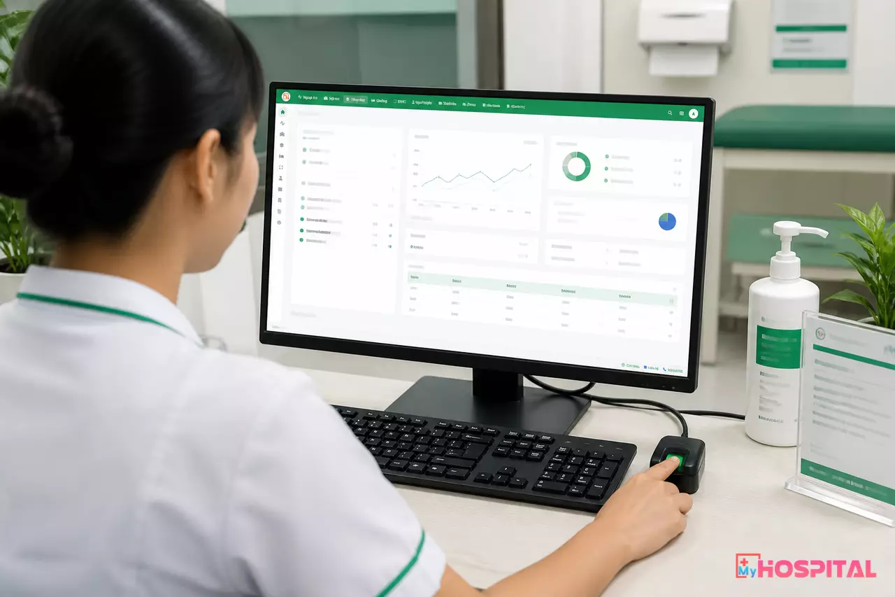 Nhân viên y tế nhìn từ sau lưng đặt ngón tay xác nhận sinh trắc học trước màn hình máy tính