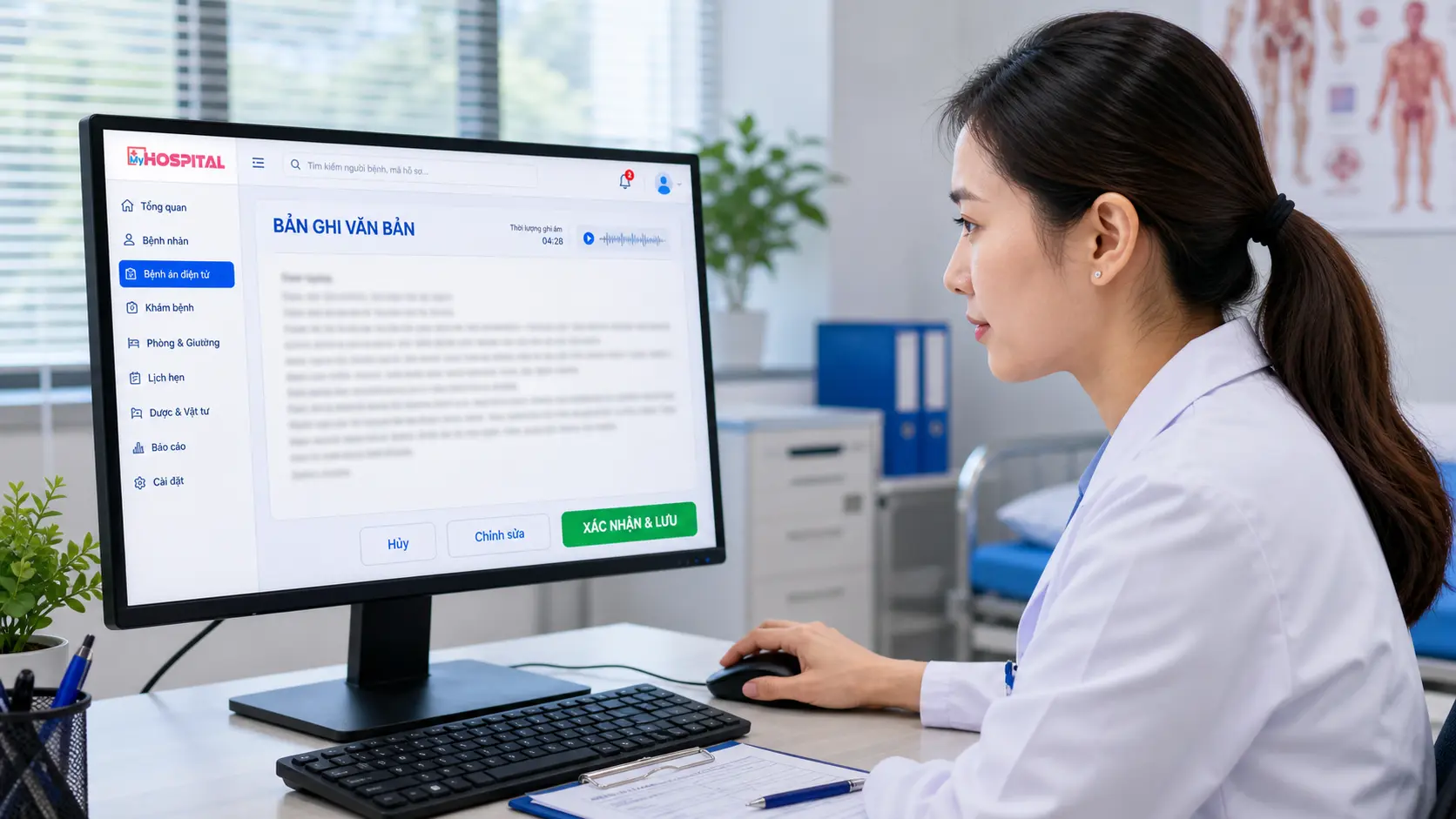 Màn hình bác sĩ xác nhận transcript trước khi lưu hồ sơ