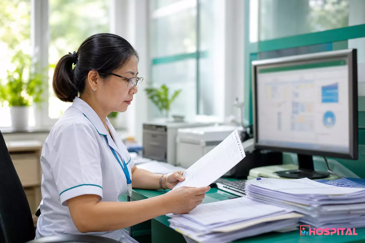 Kế toán viện phí kiểm tra hóa đơn điện tử trên máy tính tại phòng tài chính bệnh viện