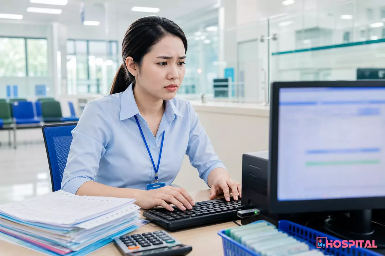 Thu ngân viện phí bối rối nhìn màn hình máy tính báo lỗi tại quầy thu ngân bệnh viện, USB Token cắm trên thân máy