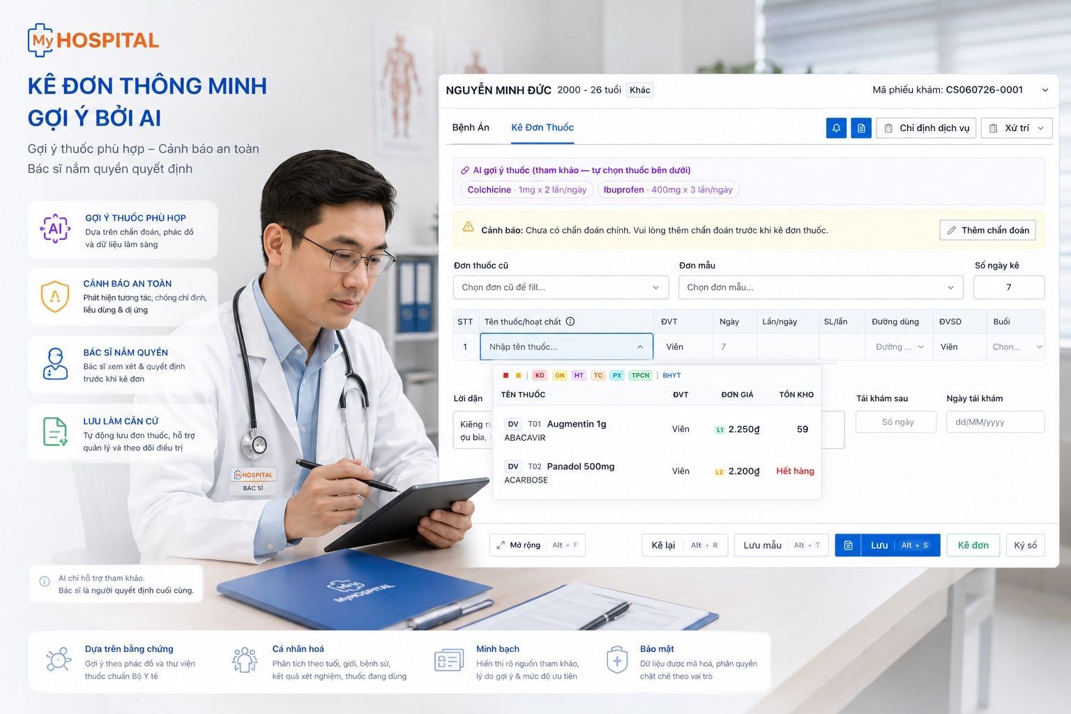 Kê đơn thông minh gợi ý bởi AI trên MyHospital với cảnh báo tương tác thuốc và chống chỉ định