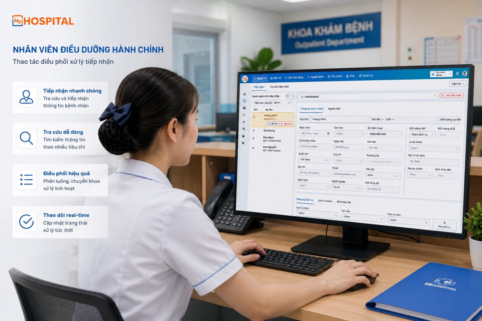 Nhân viên điều dưỡng hành chính điều phối tiếp nhận và gọi số trên phần mềm MyHospital