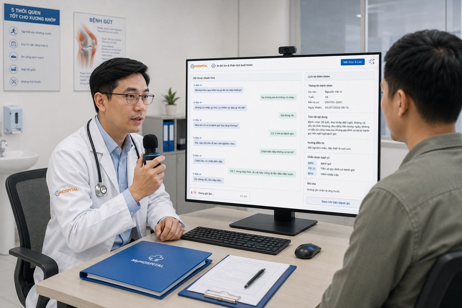 Màn hình MyHospital ghi âm buổi khám, tách vai bác sĩ - người bệnh và chuẩn hoá thành hội thoại